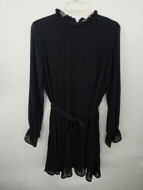 JACQUELINE de YONG Black plissé pleated long sleeve mini dress. Size Medium